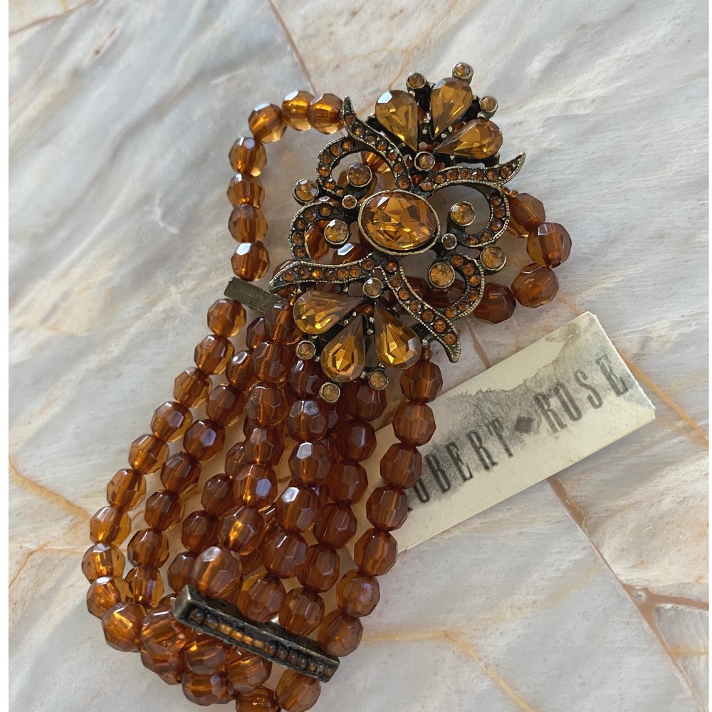 Robert Rose Amber Multi-Strand Stretch Bracelet Ornate Rhinestone Filigree NEW